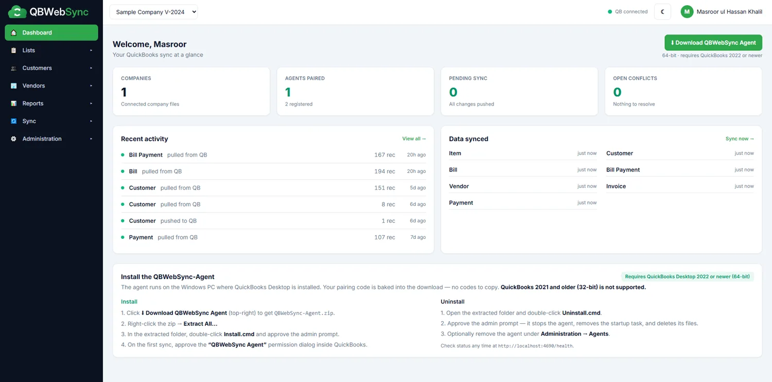 QBWebSync dashboard showing sync status cards and recent activity for a QuickBooks company file