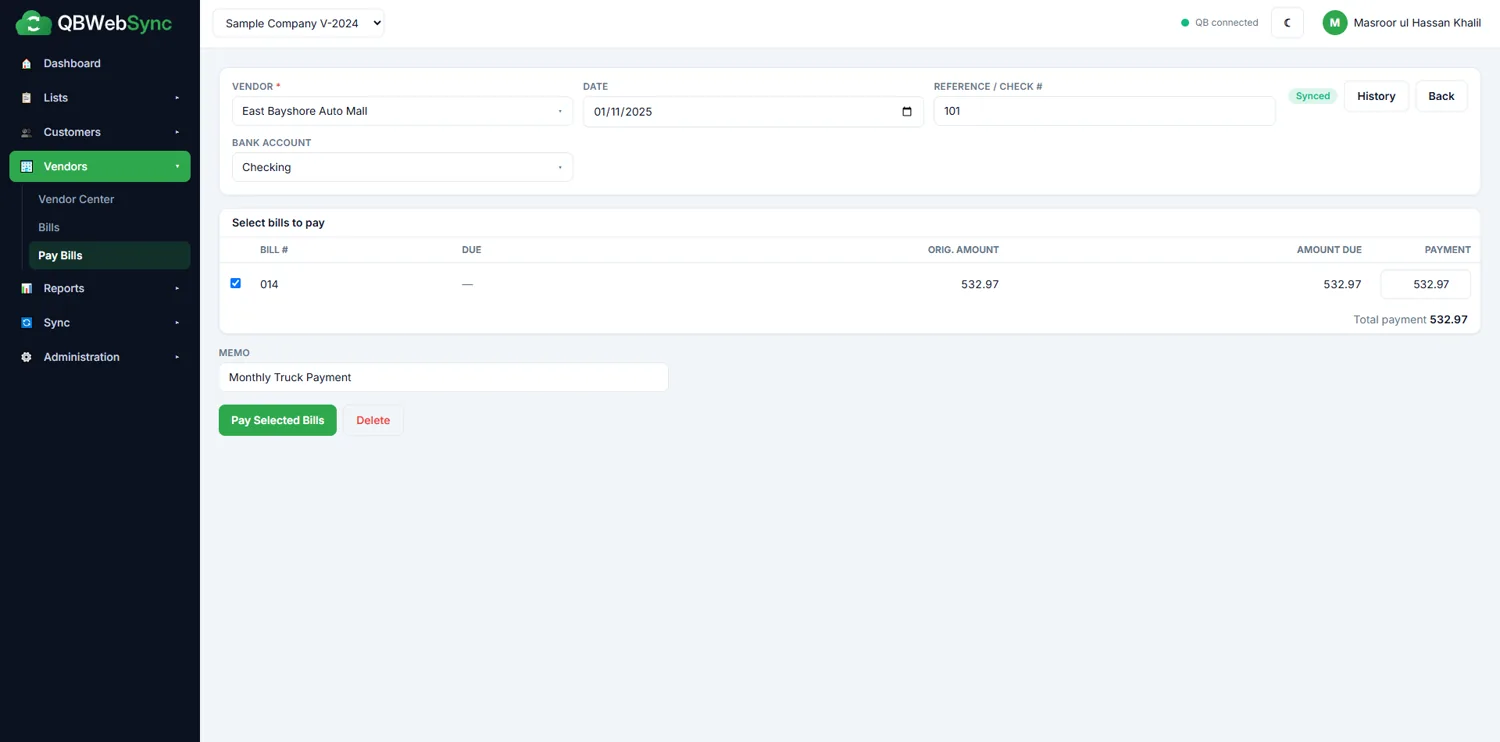 Pay Bills screen in QBWebSync listing open vendor bills with amounts due and payment amounts